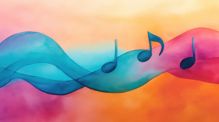 This enchanting abstract watercolor artwork features musical notes gracefully floating through vibrant waves of color, creating a soothing and melodic atmosphere.の素材