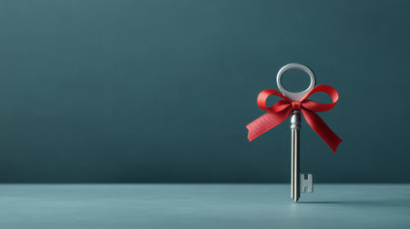 A silver key tied with a red ribbon rests against a blue-green background, representing opportunity and new beginnings, perfect for creative projects and inspiration.の素材