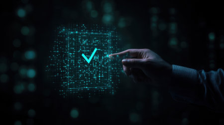 A hand reaching out to touch a translucent checkbox illuminated by a glowing checkmark on a dark background, symbolizing digital approval and advanced technology.の素材
