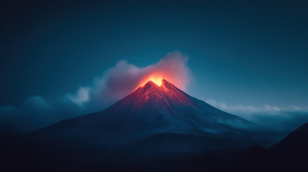 A stunning image of a volcano erupting at dusk, showcasing glowing lava and dark smoke against a starry sky, capturing the raw beauty of nature's power.の素材