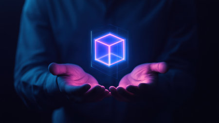 A captivating digital artwork showcasing hands holding a floating glowing cube against a dark backdrop, symbolizing technology and innovation in the modern world.の素材
