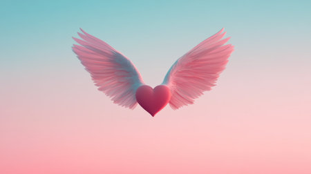 This enchanting image features a pink heart with wings, set against a serene gradient sky, embodying themes of love, freedom, and tranquility in a stunning digital artwork.の素材