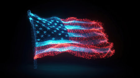 A captivating abstract representation of the American flag, created with glowing particles in blue and red, symbolizes patriotism and national unity in the digital era.の素材