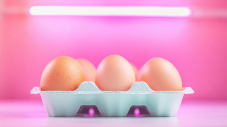 Fresh farm eggs arranged in a carton, illuminated by a pink neon light. This image captures the natural beauty and textures of the eggs, perfect for food-related themes.の素材