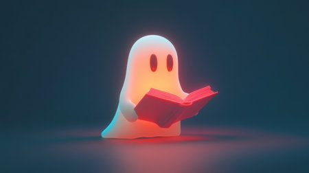 A charming ghost character glows softly while reading a book, capturing a whimsical essence perfect for Halloween themes. Ideal for creative projects and storytelling.の素材