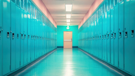 This image showcases a long, turquoise hallway in a school with multiple metal lockers lining the walls, creating an inviting and organized educational environment.の素材