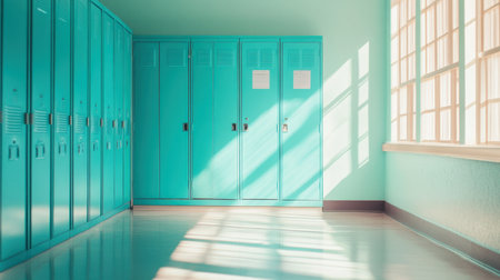 Bright blue lockers line a school hallway, illuminated by sunny rays streaming through the window. The inviting atmosphere fosters a sense of learning and inspiration.の素材