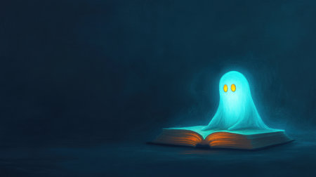 A captivating illustration of a glowing ghost with bright yellow eyes rising from an open book, set against a dark background that evokes mystery and fantasy.の素材