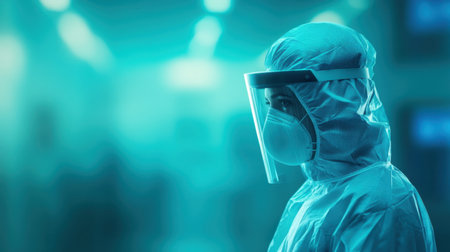 A focused medical professional wearing protective gear and a face shield in a hospital environment, emphasizing safety and commitment during health emergencies.の素材