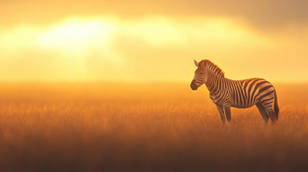 A stunning zebra stands gracefully against a golden sunset backdrop, inviting viewers to appreciate the serene beauty of wildlife in their natural habitat.の素材