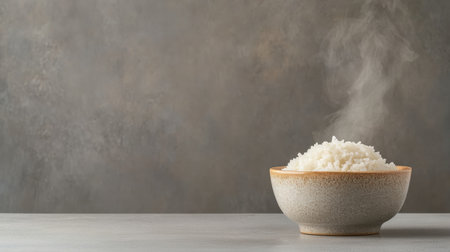 A close-up of a steaming bowl of white rice showcasing its fluffy texture against a soft gray background, ideal for culinary and food-related projects.の素材