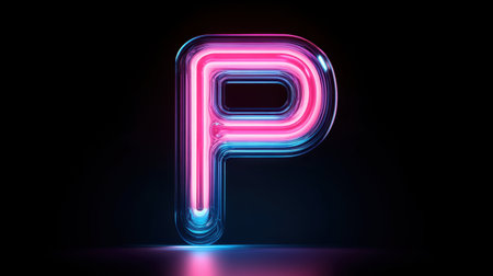 Bright neon letter P with a stylish glow in pink and blue hues set against a dark background, perfect for creative projects and modern design needs.の素材