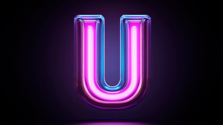 This image features a vivid neon letter U, emitting vibrant colors against a dark background, perfect for modern designs and artistic projects.の素材