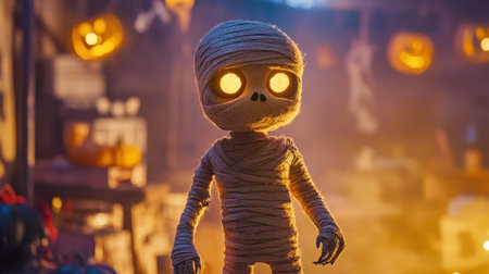 A charming mummy toy with glowing eyes stands in a cozy Halloween scene filled with jack-o'-lanterns and festive decorations, perfect for autumn celebrations.の素材