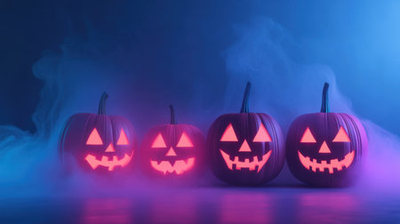 Four glowing jack-o'-lanterns radiate a spooky charm amidst a foggy setting, perfect for Halloween festivities and adding a dramatic flair to autumn decorations.の素材