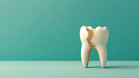 This creative image showcases a cracked tooth model set against a solid color background, highlighting dental issues and the importance of oral health practices in a minimalist style.の素材