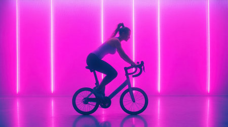 A female cyclist is captured in silhouette against a vibrant pink neon background, embodying energy and fitness in a modern and artistic atmosphere.の素材