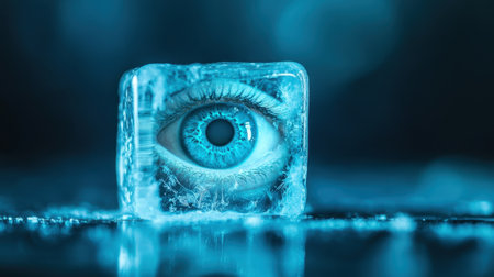 A stunning image showcasing a blue eye trapped inside a clear ice cube, embodying themes of perception and clarity in a creative, frosty environment.の素材