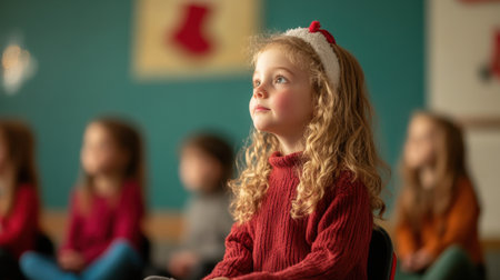 A young girl with curly hair sits quietly in a decorated classroom during a festive gathering, displaying a thoughtful expression while her classmates are engaged.の素材