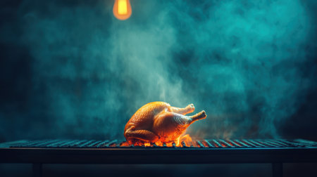 A perfectly grilled chicken sits on a barbecue grill, enveloped in smoke, illuminated by warm lighting, showcasing a mouthwatering culinary delight for food lovers.の素材