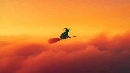 A striking silhouette of a witch gracefully riding a broomstick against a vibrant sunset, surrounded by soft clouds, creating a magical and enchanting atmosphere.の素材