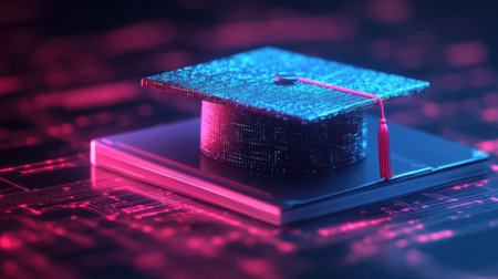 A vibrant digital scene featuring a graduation cap resting on a book, symbolizing the intersection of technology and education in an innovative learning environment.の素材