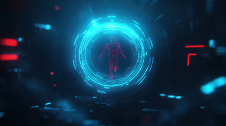 A captivating representation of a futuristic humanoid figure within a luminous blue and red digital portal, symbolizing innovation and advanced technology in a sci-fi world.の素材