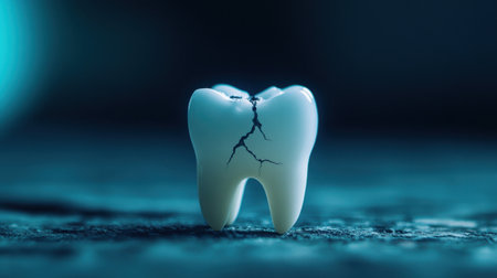 A detailed image of a cracked white tooth set against a dark surface, enhanced by blue lighting, symbolizing dental issues and the importance of oral health awareness.の素材