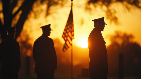Soldiers stand in silhouette against a vibrant sunset, saluting the American flag, creating a poignant moment of respect and dedication to their service and sacrifice.の素材