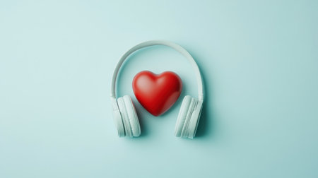 This image combines white headphones and a bright red heart against a soft blue background, symbolizing the emotional connection between music and love.の素材