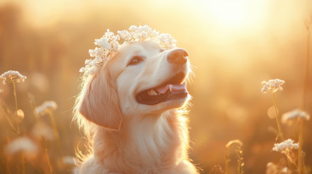 A joyful golden retriever adorned with a floral crown basks in the warm glow of sunset, surrounded by wildflowers, embodying pure happiness and tranquility.の素材