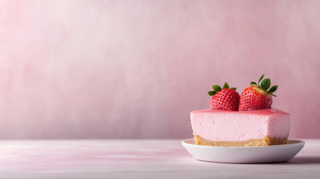 A stunning pink cheesecake topped with fresh strawberries sits elegantly on a white plate. The soft pastel background enhances the dessert's appeal, perfect for food lovers.の素材