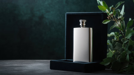 A stunning silver flask presented elegantly in a luxurious velvet box, surrounded by delicate green leaves, perfect for gifting on special occasions or personal use.の素材