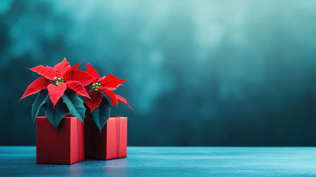 A striking composition featuring vibrant red poinsettia flowers next to cheerful red gift boxes, set against a soft blurred blue background, perfect for holiday designs.の素材