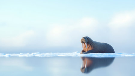 A peaceful walrus rests on an ice floe in a stunning Arctic backdrop, creating a serene ambiance with calm water and soft blue sky, showcasing wildlife beauty.の素材