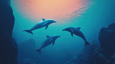 A captivating scene featuring three dolphins gracefully swimming through a vibrant underwater landscape, illuminated by soft natural light, creating a peaceful atmosphere.の素材