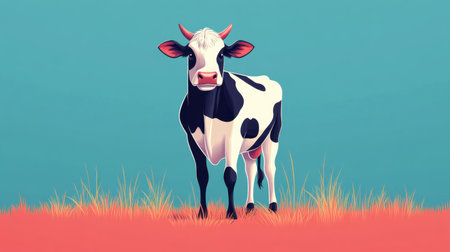 A charming cow stands in a colorful pasture under a bright blue sky. This artistic illustration captures the joyful essence of farm life and natureの素材