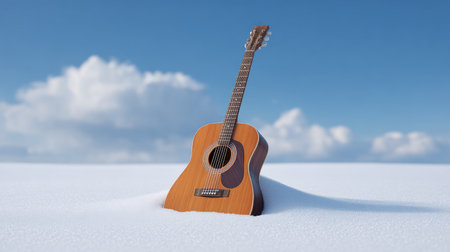 An acoustic guitar rises from a snowy landscape, creating a striking contrast against the bright blue sky and soft clouds, evoking a serene winter scene.の素材
