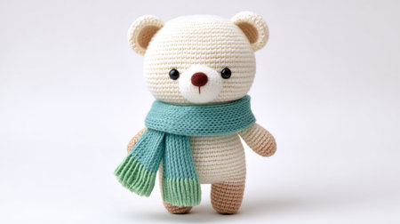 This delightful handcrafted crochet bear toy features a charming design with a cozy blue and green scarf. Ideal for gifts and decoration.の素材