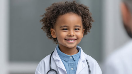 A cheerful child in a doctor's coat and stethoscope beams a smile in a vibrant medical environment, embodying innocence and aspiration in healthcare.の素材