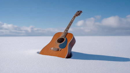 An acoustic guitar is positioned in the snow, creating a striking contrast against the white surroundings. This image captures a serene winter day under a bright blue sky, evoking feelings of solitude and inspiration.の素材