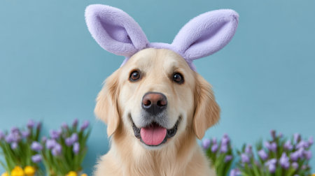 Charming golden retriever dog adorned with pastel bunny ears, smiling in a colorful flower garden, capturing the joy of springtime and festive celebrations.の素材