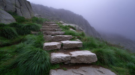 This image captures serene stone steps winding through a lush green landscape, leading into a misty mountain atmosphere that evokes tranquility and exploration.の素材