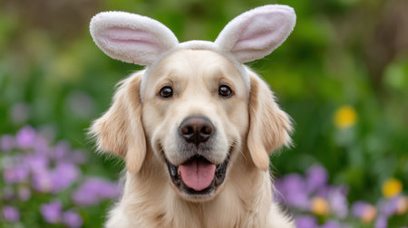 A cheerful golden retriever adorned with fluffy bunny ears smiles brightly in a lively spring garden filled with colorful flowers, embodying joy and playfulness.の素材