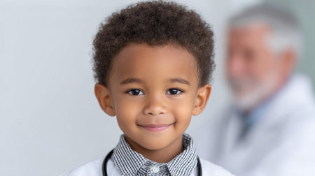 A cheerful young child holds a stethoscope, embodying dreams of becoming a doctor. The background features a medical professional, enhancing the playful scene.の素材