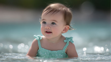 A heartwarming scene of a cute baby girl exploring shallow water, capturing pure joy and wonder against a backdrop of sparkling ocean waves and sunlight.の素材
