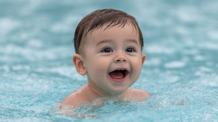 A cheerful baby joyfully splashes in a swimming pool, showcasing pure happiness with a radiant smile. The serene blue water enhances the playful moment, capturing innocence and fun.の素材