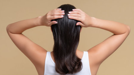 A woman with long, smooth hair holds her strands back using her fingers, showcasing a beauty routine in a serene studio environment with a soft backdrop.の素材