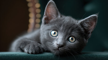 This charming gray kitten captivates with its striking green eyes, resting comfortably on a green couch, showcasing its playful and curious nature.の素材