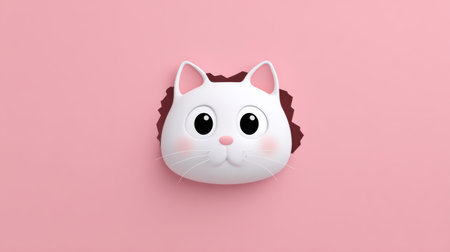 This charming cartoon character features a whimsical cat face with a soft pink background, perfect for playful designs and creative projects.の素材